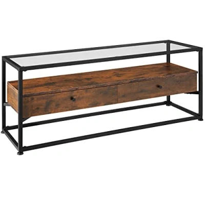 Abbildung von tectake® Lowboard mit 2 Schubladen und Ablagen, 121,5 x 41,5 50,5 cm, Fernsehtisch Glasplatte, TV Regal im Industrie Design, Holz, schwarzes Metallgestell (Industrial Dunkelbraun)