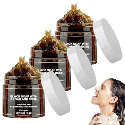 Abbildung von Marokko Schwarze Seife mit Arganöl und Rose,Morocco Black Soap, Afrikanische Seife,Hergestellt aus Natürlichen Inhaltsstoffen,Schwarze Körper Peeling Seife,Schwarzer Duschgel (3PC)