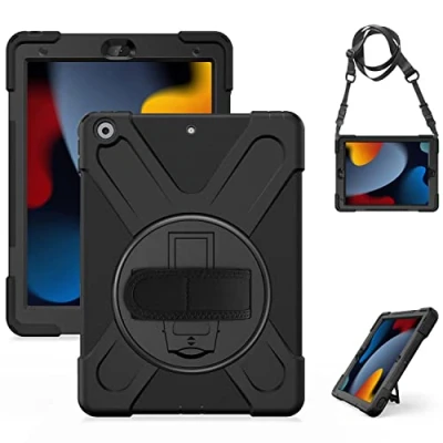 Abbildung von Gerutek Hülle für iPad 9./8./7. Generation (10.2 Zoll), Stoßfeste Robust Panzerhülle mit Pencil Halter, Drehbar Stände, Handschlaufe Schultergurt Schutzhülle 10.2&quot; 2021/2020/2019 Schwarz