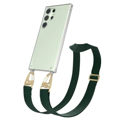 Abbildung von EAZY CASE Hülle mit Band kompatibel Samsung Galaxy S24 Ultra Handyhülle Umhängeband für Silikonhülle Transparent Schutzhülle Handykette zum Umhängen Handykordel in Grün Gold