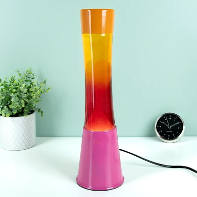 Abbildung von FISURA Lavalampe in Rosa Orange Verlauf. Basis, Glas Mit Verlaufseffekt und orangefarbener Deckel. Entspannende Wirkung. Ersatzglühbirne. 11 cm x 39,5 cm.