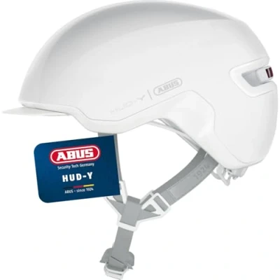 Abbildung von ABUS Urban Helm HUD Y mit magnetischem, aufladbarem LED Rücklicht &amp; Magnetverschluss Cooler Fahrradhelm für den Alltag Damen und Herren Weiß (Puristic), Größe S