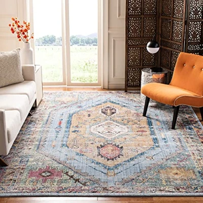 Abbildung von SAFAVIEH Traditionell Teppich für Wohnzimmer, Esszimmer, Schlafzimmer Bristol Collection, Kurzer Flor, Blau und Kamel, 155 X 229 cm