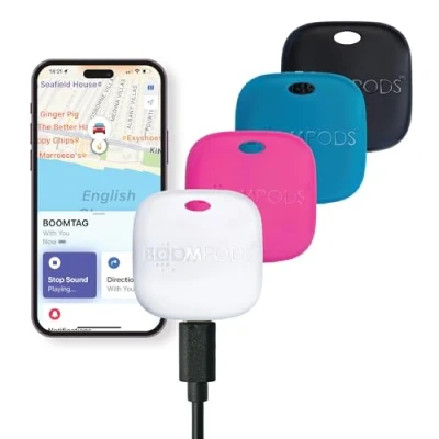 Abbildung von Boompods Boomtag Bluetooth Key Finder 4er Pack Schlüsselfinder, Wiederaufladbar, Mini Smart Tracker Tag kompatibel mit Apple Wo ist? App, für Schlüssel/Brieftasche/Gepäck GPS