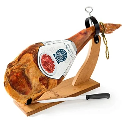Abbildung von Schinken Set mit Schinkenständer und Messer Serrano Paleta Reserva Barrica Vorderschinken aus Spanien 12 Monate luftgetrocknet gereift Von Jamones España Stückgewicht 4,5kg