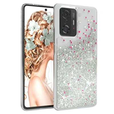 Abbildung von EAZY CASE Hülle kompatibel mit Xiaomi 11T 5G / Pro Schutzhülle Flüssig Glitzer, Handyhülle, Schutzhülle, Back Cover Glitter Flüssigkeit, TPU/Silikon, Transparent/Durchsichtig, Silber