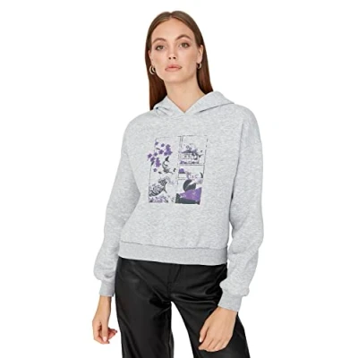 Abbildung von TRENDYOL Damen Hood With Slogan Regular Sweatshirt, Gray, S EU
