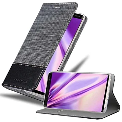 Abbildung von Cadorabo Hülle kompatibel mit Nokia 8 Sirocco aus Premium Jeans und Kunst Leder Flip Klappbare Stoßfeste Magnetische [Standfunktion] [Kartenfächern] Cover für Tasche in Grau