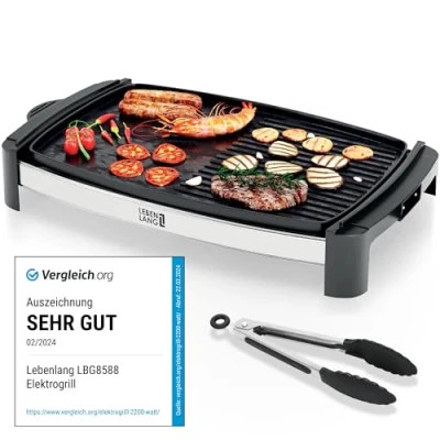 Abbildung von Lebenlang Tischgrill Elektrogrill elektrisch mit TÜV &amp; GS 2200 Watt Indoor XXL, W, Geprüft, 2200W Heizleistung, Für Innen Außen geeignet