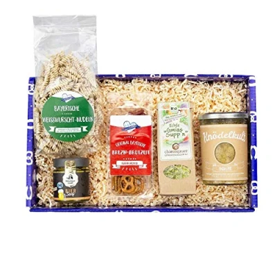 Abbildung von Bavariashop Geschenkbox &quot;Boarisch schlemmen&quot;, Hochwertige Geschenkidee mit Schmankerln aus Bayern, Stabiler Karton im bayerischen Design