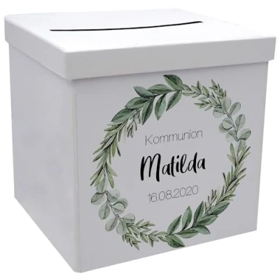 Abbildung von ZauberDeko Briefbox Kartenbox Kommunion Konfirmation Eukalyptus Blätterkranz Geburtstag Personalisiertes Geschenk