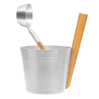 Abbildung von Rento Saunakübel, Aufgusseimer, Saunaeimer Aluminium mit Bambusholz Farbe: Silber 5 Liter Höhe: 35 cm/Durchmesser: 23 cm