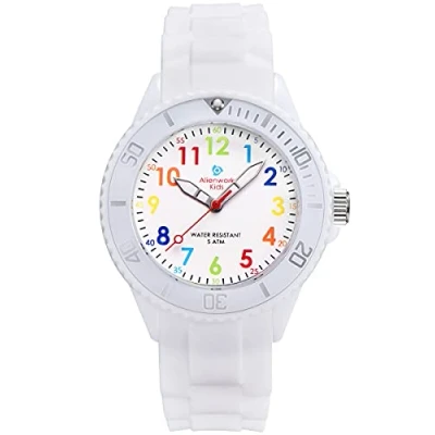 Abbildung von Alienwork Kids Lernuhr Kinderuhr Jungen Mädchen Weiss Silikon Armband Mehrfarbig Kinder Uhr Wasserdicht 5 ATM Zeit Lernen