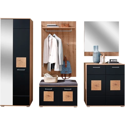 Abbildung von FUN Garderobenschrank in Schwarz, Artisan Eiche Optik mit Hirnholz Applikationen Moderner Flurgarderoben Schrank viel Stauraum 65 x 195 38 cm (B/H/T)
