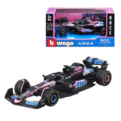 Abbildung von Bburago Formel 1 Alpine A524 (2024): Modellauto im Maßstab 1:43, von Fahrer #31 Esteban Ocon, Window Box, 12,5 cm, schwarz pink (18 38219O)