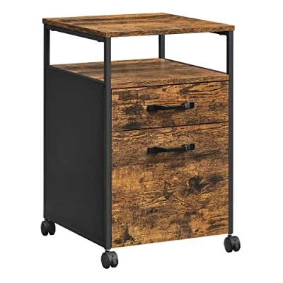 Abbildung von VASAGLE Rollcontainer, Aktenschrank mit 2 Schubladen, mobiler Büroschrank Rädern, offenes Fach, Hängeregistratur, Stahlgestell, Industrie Design, vintagebraun tintenschwarz OFC71X