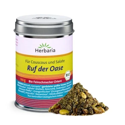 Abbildung von Herbaria Ruf der Oase Bio 110g M Dose fertige Gewürzmischung für orientalische Gerichte aus Couscous oder Bulgur wie Tabouleh in nachhaltiger Aromaschutz