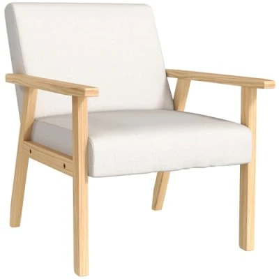 Abbildung von HOMCOM Loungesessel mit Armlehnen, Esszimmerstuhl, Relaxsessel in Leinenoptik, Polstersessel für Wohnzimmer, Schlafzimmer, Massivholzrahmen, 64 x 70 72 cm, Cremeweiß