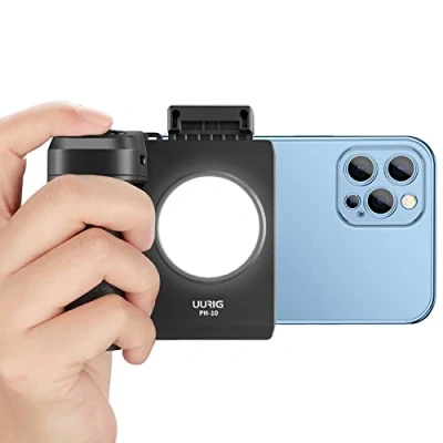 Abbildung von Kameragriff Handyhalterung mit LED Licht für iPhone und Handys, perfekt Fotografie Videografie