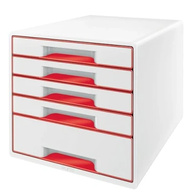 Abbildung von Leitz WOW 5 Schubladenschrank, A4 Schreibtisch Schubladenschrank mit transparenter Ablage, 4 kleine und 1 große Schublade, weiß/rot, 52132026