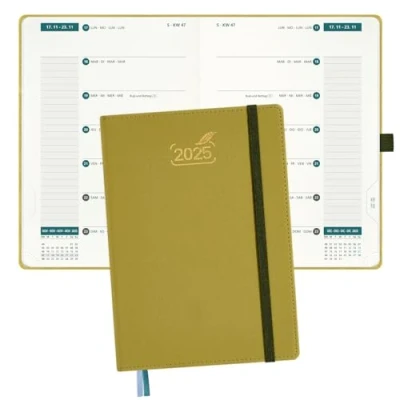 Abbildung von BEZEND Kalender 2025 Buchkalender A5 1 Woche 2 Seiten mit Spalten Terminplaner Hardcover Dualer Monatsregister. Wochenplaner &amp; Terminkalender Viele Extras Senf