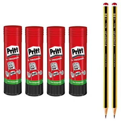 Abbildung von Pritt Klebestift, sicherer und kinderfreundlicher Kleber für Kunst Bastelarbeiten, starker Klebstoff Schule &amp; Bürobedarf, Spar Set mit 4x 22 g Stift 2x Bleistifte HB, 9HPKS22P1X