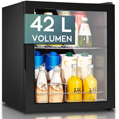 Abbildung von Heinrich&#039;s HEINRICHS Getränkekühlschrank, Mini Kühlschrank mit Glastür kompakt und leise: 40dB, LED Innenraumbeleuchtung, perfekt geeignet für Büro Camping Garten,5 bis18GradC, (42Liter/1Ablage/40db)