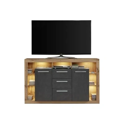 Abbildung von trendteam smart living Rock Sideboard Grau Matt/Eiche Highboard mit viel Staufläche ohne Belechtung (BxHxT) 150 x 90 40 cm 3 Schubladen und 2 Türen modernes Design