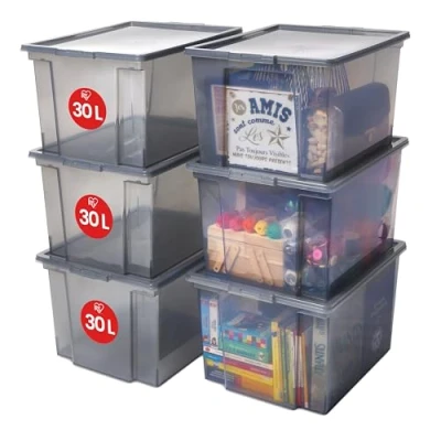 Abbildung von Iris Ohyama Vielseitige Aufbewahrungsboxen, 30L, 6er Set, Grau, Leicht schließba Deckel, Stapelbar, Plastik, Für Schrank, Regale, Organisation, Kleidung, Bettlaken, Garage, USB M