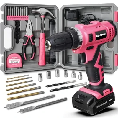 Abbildung von Hi Spec 30 tlg. Haushalts Werkzeugset mit 12V pinkem Akku Bohrschrauber, Hammer und Schraubenziehern Kabelloses Bohren, Schrauben für Haushalt, Garten &amp; Hobby