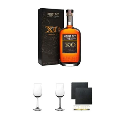 Abbildung von Mount Gay Extra Old Rum Barbardos 0,7 Liter + Nosing Gläser Kelchglas Bugatti mit Eichstrich 2cl und 4cl 2 Stück Schiefer Glasuntersetzer eckig ca. 9,5 cm Ø