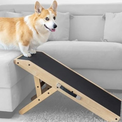 Abbildung von Hunderampe Hundetreppe Für kleine Hunde und große Einstellbar 18 53 cm Bett Sofa Birkenholz Landeplattform schließt nahtlos an Rampe Hund Klappbar Anti rutsch Einsatz Naturel