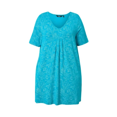Abbildung von Ulla Popken Vinework Short Sleeve Pleated Tshirt print, Damen, Größe: 42/44, Blue turquoise
