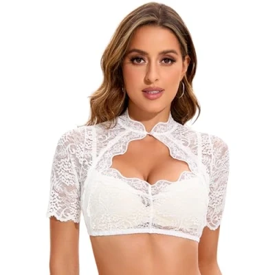 Abbildung von Adisno Dirndl Bluse Damen,Dirndlbluse Spitze,Dirndl Bluse,Dirndl Spitzen,Stehende Dirndlbluse mit Besonderen Aussparungen auf der Brust.(DE/NL/SE/PL, Numerisch, 44, Regular, Weiß)