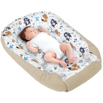 Abbildung von Medi Partners Babynest Kuschelnest Babynestchen 100% Baumwolle Waffle Nestchen Reisebett für Babys Säuglinge 100x60x15cm Sicherer Verschluss (Boho mit Braun Waffle)