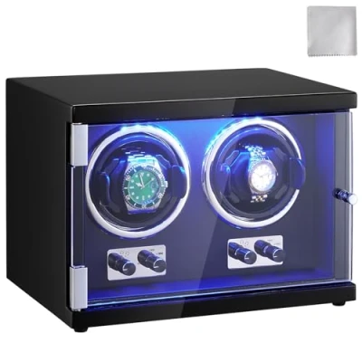 Abbildung von VEVOR Uhrenbeweger, Automatik Watch Winder, Uhrenbeweger für Automatikuhren, Automatischer mit Platz 2 Uhren, LED Beleuchtung, 150207 mm Einstellbare Riemenlänge