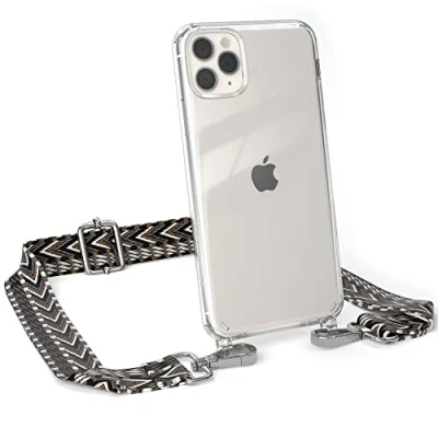 Abbildung von EAZY CASE Handykette Verstellbarer Gurt kompatibel mit iPhone 11 Pro Max, Schulterriemen, Flache Kordel, Handykordel Hülle, Hülle Kette, Anthrazit/Schwarz Metall Silber