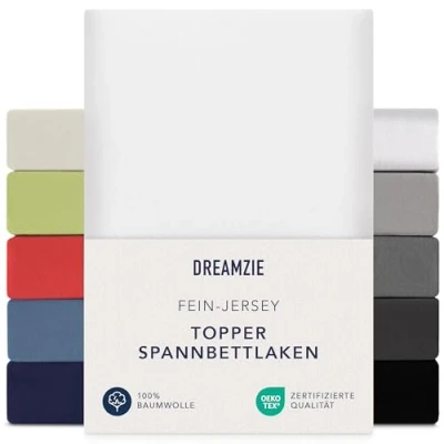 Abbildung von Dreamzie Premium Topper Spannbettlaken 90x200 cm 100x200 extra niedriger Steg für Boxspringbett Topperauflage Spannbetttuch Jersey Baumwolle, 150 g/m² Oeko TEX Weiß
