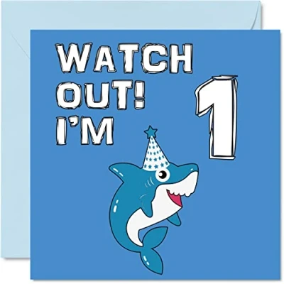 Abbildung von Stuff4 Karte zum 1. Geburtstag Junge Shark Watch Out Alles Gute Geburtstagskarte 1 Jahr alter Junge, Jungenkarten für Ihn, 145mm, Grußkarte Sohn, Bruder, Enkel, Neffe, erster