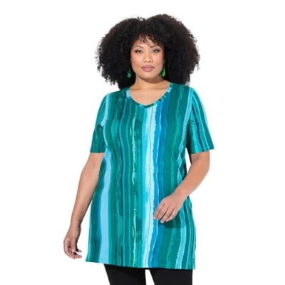 Abbildung von Ulla Popken V Ausschnitt Halbarm Tshirt print, Damen, Größe: 54/56, Deep aqua