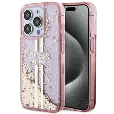 Abbildung von Guess GUHCP15LLFCSEGP Hülle für iPhone 15 Pro 6.1&quot; Rosa hardcase Liquid Glitter Gold Stripes