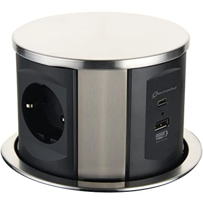 Abbildung von Electraline 62571 Versenkbar / Tischsteckdosenleiste Tischsteckdose 3 fach Steckdose (2 USB 3.1A: 1 type A + C 15.5W, 2m Kabel), Einbausteckdose für Arbeitsplatte Mehrfachsteckdose
