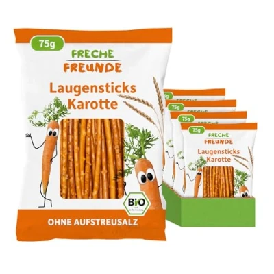 Abbildung von FRECHE FREUNDE Bio Laugensticks Karotte, Knabberstangen ohne Aufstreusalz, für Kinder &amp; Babys, mit Dinkelmehl, vegan, Kindersnack, 15er Pack (15 x 75 g)
