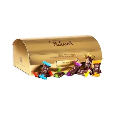Abbildung von Rausch Plantagen Goldbox Goldene Box gefüllt mit 120 Minis Schokolade aus purer Edelschokolade 39 84% aller Welt Schokoladen Geschenkset