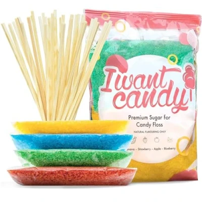 Abbildung von Partyset 4 x 200 Gramm Zuckerwatte Zucker inklusive 30 Stäbe Apfel, Banane, Blaubeere, Erdbeere Natürliche Aromen &amp; Farbstoffe ohne AZO Set für Zuckerwattemaschine von I WANT CANDY®