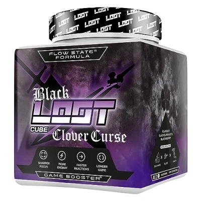 Abbildung von LOOT® BLACK EDITION Clover Curse Game Booster mit Flow State® Formel 50 Servings (400g) Koffein 20 hochdosierte Inhaltsstoffe Blackcurrant Blackberry