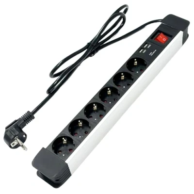 Abbildung von hb digital Steckdosenleiste 6 Fach aus Aluminium mit 2X USB Ladefunktion 1000mA kompakte Energieverteilung und Überlastschutz