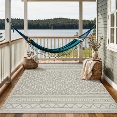 Abbildung von the carpet Calgary robuster Teppich, Flachgewebe, modernes Design, ideal für Wohnzimmer, Esszimmer und Außenbereich, In Outdoor, Vintage Optik, Boho Style, Beige, 300 x 400 cm