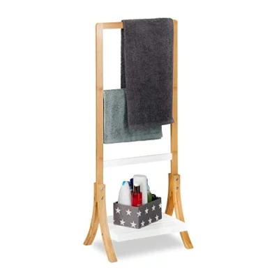 Abbildung von Relaxdays Handtuchhalter Bambus, mit Ablage &amp; 3 Handtuchstangen, freistehender Handtuchständer, 103x41x28cm, Natur/weiß