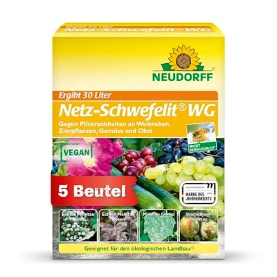 Abbildung von Neudorff Pflanzen Pilzfrei Netz Schwefelit WG 75g 5 Beutel für 30 Liter, Netzschwefel zur wirksamen Bekämpfung von Pilzkrankheiten wie Echter Mehltau an Zierpflanzen Rosen, Gemüse und Obst, veganes Mittel gegen Wein, Rosen oder Gurken